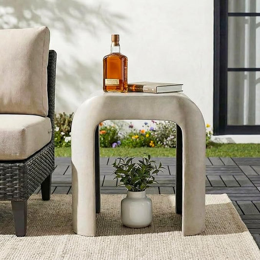 SUNBURY Outdoor Side Table, 18" H Concrete Horseshoe End Table, Rectangular Cement Accent Table for Patio, Round Modern Garden Stool for Patio, Backyard, Grey