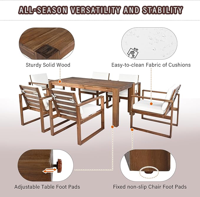7 Piece Patio Dining Table Set with Umbrella Hole, Outdoor Acacia Wood Furniture Set with Removable Cushion for Garden, Backyard, Lawn, Poolside (Beige,Mocha)