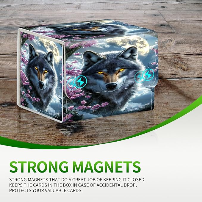 Card Deck Box for MTG, Cards Storage Box Fits 120+ Sleeved, Leather Small Size Strong Magnetic Closing Card Case for Board Games Magic TCG CCG Baseball Collection, Cherry Blossom Gray Wolf