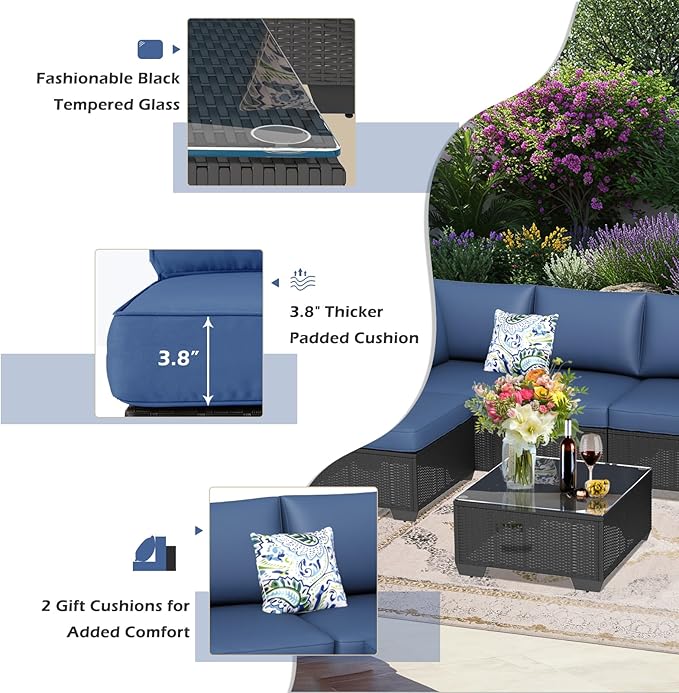 U-MAX 7 Piece Outdoor Patio Furniture Set with 30 Inch Fire Pit Table, PE Rattan Wicker Sofa Set, Outdoor Sectional Furniture Chair Set with Cushions and Tea Table, Black Rattan&Dark Blue Cushion