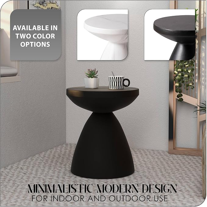 LeisureMod Modern Side Table Lightweight Fiberstone Top 20" Round Accent Table and Hourglass Pedestal Base for Outdoor or Indoor Dune Series in Black