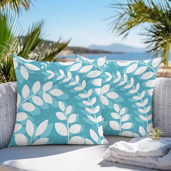 Teal Cyan Leaves Outdoor Waterproof Throw Pillow Covers 24x24 Set of 2, Farmhouse Botanical Branch Vintage Boho Leaf Decorative Pillowcases Cushion Pillowcase for Couch Sofa Patio Pillow Protector