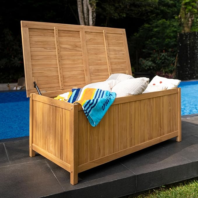 Cambridge Casual Arie 60-Inch Teak Outdoor Deck Box Storage Chest, Weather-Resistant Patio Organizer with Soft-Close Lid for Pool, Garden & Backyard, 119 Gallons