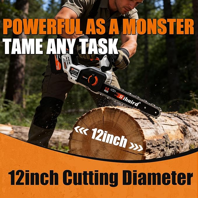 Sihuird 12-Inch Cordless ChainSaw, Brushless Motor Electric Chainsaw with 2 x 21V 6.0Ah Battery and Charger, with LED lighting and Tool-free Chain Tension & Auto Lubrication for Tree, Wood Cutting