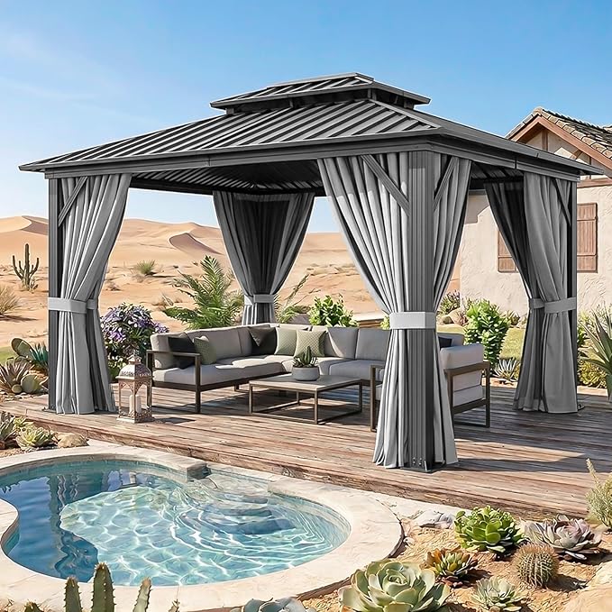 10x12FT Hardtop Gazebo, Metal Frame with Double Galvanized Steel Roof, Permanent Outdoor Pergola with Curtains and Netting Included for Backyard, Patio, Lawn and Garden, Gray