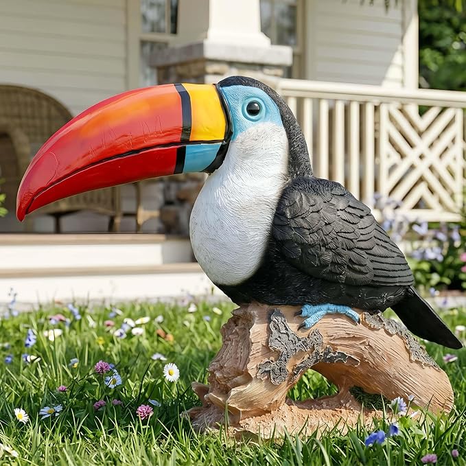 Real Toucan Statue,Colorful Outdoor Bird Decor Sculpture- 14.2" Resin Bird Outdoor Animal Ornament, Tropical Tiki Bar Decor, Waterproof & Weather-Resistant, Perfect for Garden, Patio, Yard