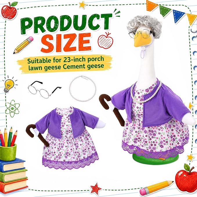 JcHrmers Old Lady Goose Outfits Porch Goose Clothes Fits 23" Cement Plastic Goose Statue Grandma Goose Outfit with Wig Glasses Pearl Necklace for School Outdoor Garden Lawn Yard Patio Art Decor