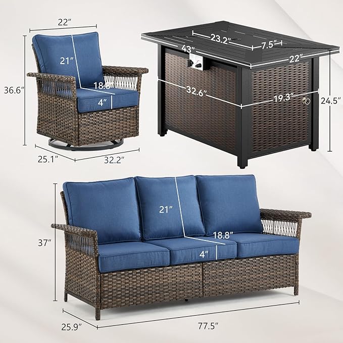 Patio Furniture Set with Fire Pit Table, 4PCS Patio Conversation Set Brown Resin Wicker Swivel Patio Chair and Sofa with 43in Rectangular Iron Fire Table PE Rattan Furniture Set