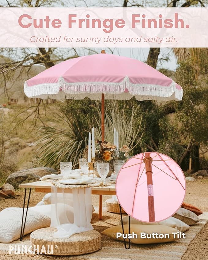 6 Ft Fringe Patio Umbrella - Outdoor Umbrella for Patio, Pool, Table, Garden, Deck, Beach, and Outdoors - Fashionable Boho Vintage Tassels & Wood Print - Push Button Tilt Pole