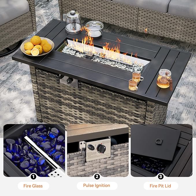 Aoxun Luxury 8-Piece Patio Furniture Set with 44'' Fire Pit Table, Wicker Rattan Sofa with Thick Cushion, Outdoor Conversation Set for Backyard, Poolside & Garden, Beige/Gray