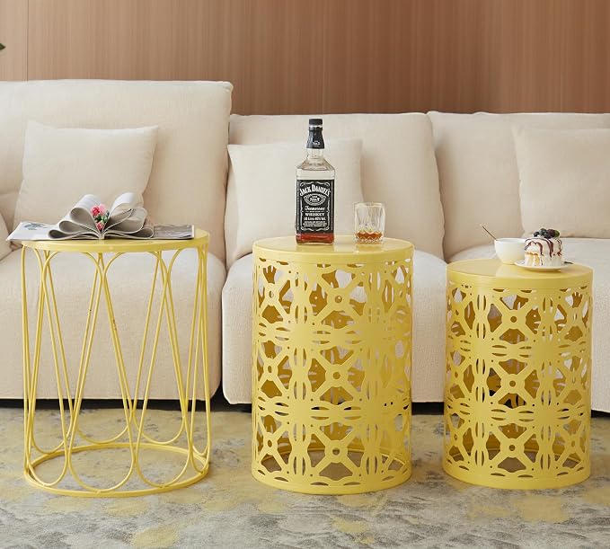 HFHOME Set of 3 Metal Outdoor Side Table, Round Coffee Table for Indoor Outdoor, Heavy Duty End Tables Plant Stand Garden Stool- Yellow