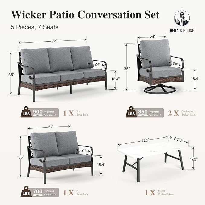 HERA'S HOUSE 5 Piece Metal Patio Furniture Set, 7 Seats All Weather Outdoor Conversation Set, 3 Seat Sofa with Loveseat, 2 Swivel Chairs, Coffee Table for Backyard, Garden, Deck, Grey