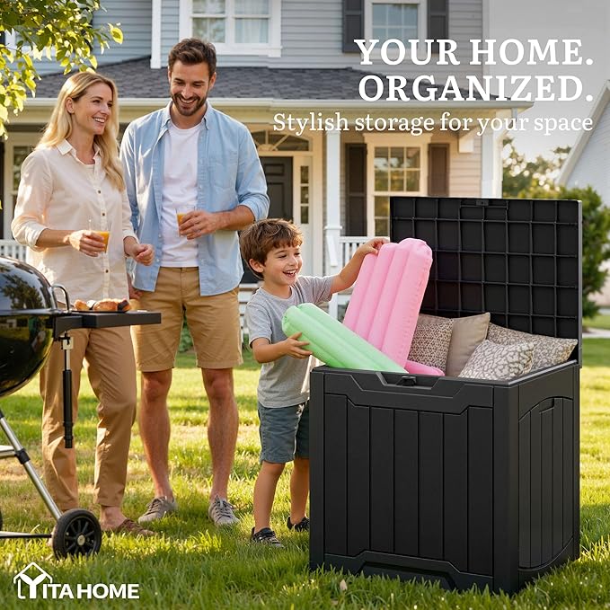 YITAHOME 31 Gallon OutdoorDeck Box, Lockable Resin Storage Box and Waterproof Package Delivery Box for Patio, Garden, Poolside, Cushions, Supplies & Sports Gear, Black