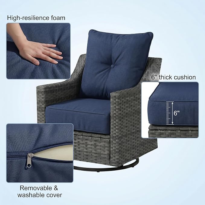 5 Pieces Patio Furniture Set, Weather-Resistant Wicker Swivel Rocker with Soft Cushions & Side Table,All Weather Outside Furniture with Ottoman for Porch, Garden, Backyard
