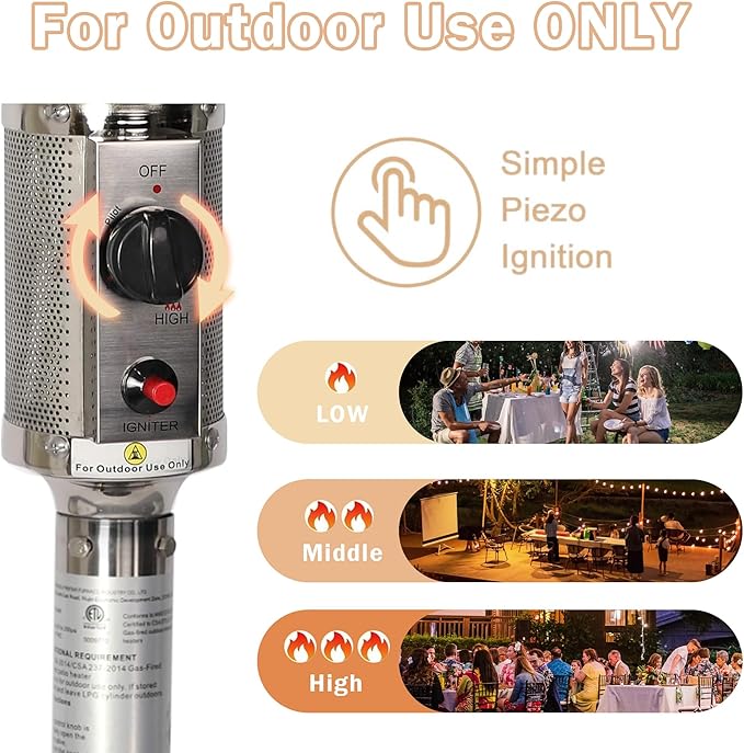 LUCKYERMORE 36,000 BTU Patio Heater with Wheels, 87”High Outdoor Heater Gas Heat for Commercial and Residential, Stainless Steel Burner, CE ELT Certified