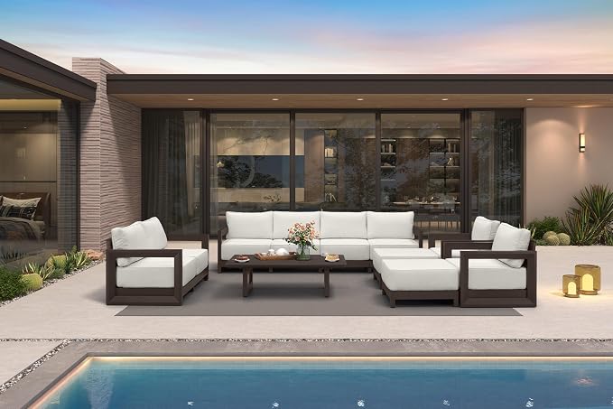 PURPLE LEAF Patio Furniture Set Open-End Outdoor Couch with 9.6" Thick Cushion and Soft Pillows 11 Piece Modern Outdoor Conversation Sets with Table Outdoor Sectional Sofas for Yard Porch Deck, Bronze