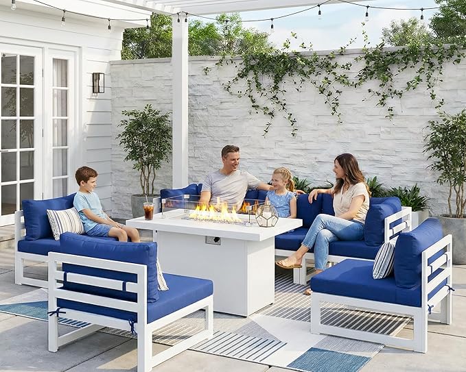 NICESOUL 6 Seat Oversized Modern Aluminum Patio Furniture Set, All Weather Rust Proof Modular Sectional Sofa with Fire Pit Table, 500 lbs Heavy Duty Comfy Outdoor Couch for Garden Backyard, Navy Blue