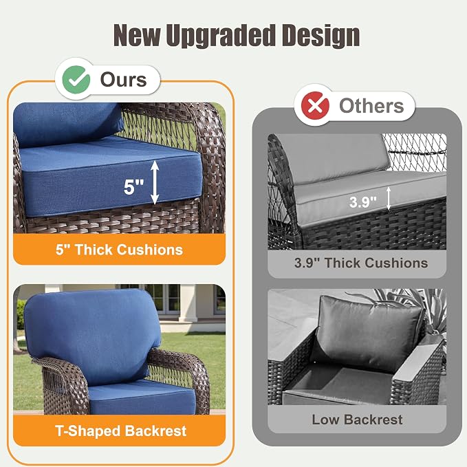 6 Pieces Outdoor Patio Furniture Set, All Weather Wicker Swivel Rocker Patio Chairs Rattan 3 Seater Sofa with Ottomans, High Back Conversation Set for Deck Porch Sunroom, Blue