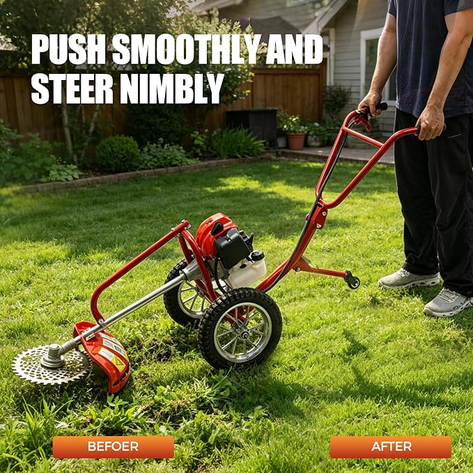 2 Stroke Hand Push Lawn Mower, 49CC Gas Powered Walk Behind Weed Wacker, 6500-7000R/Min Walk Behind String Trimmer with 0.95L Fuel Tank, Gas Weed Eater for Mountains, Hills, Plains