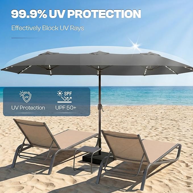 15FT Large Outdoor Patio Umbrella with Solar Lights and Base, Double-Sided Table Umbrellas with 48 LED Lights, Rectangle Market Umbrella for Pool, Deck, Backyard