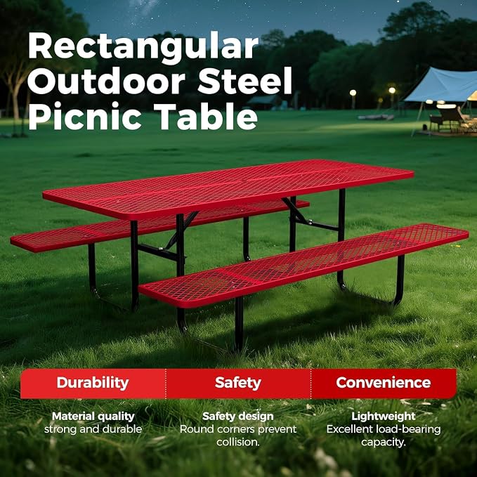 72" Coated Round Metal Picnic Table for 4-6 Person, Durable Heavy Duty Commercial Picnic Table with Umbrella Hole for Outdoor Coffee Shop, School, Easy to Install, Red
