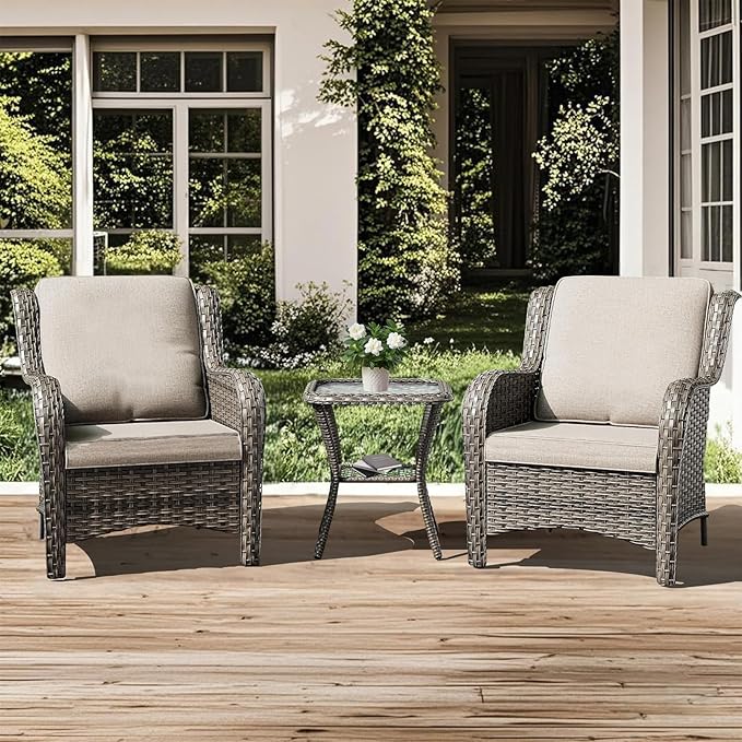 3 Pieces Patio Furniture Conversation Set PE Rattan Wicker Outdoor with 2 Armrest Chair and 1 Coffee Side Table, Soft Thick Washable Cushion for Yard Backyard Poolside Garden (Grey/Beige)