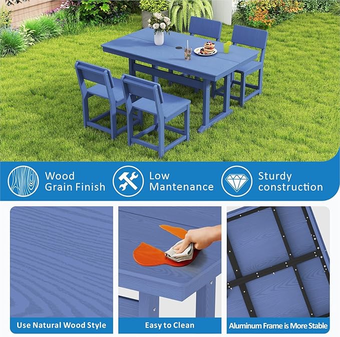5-Piece HDPE Outdoor Patio Dining Set,Modern Plastic Dining Sets，Patio Table and Chairs Set with Umbrella Hole Cut-Out Table and 4 Chairs Navy