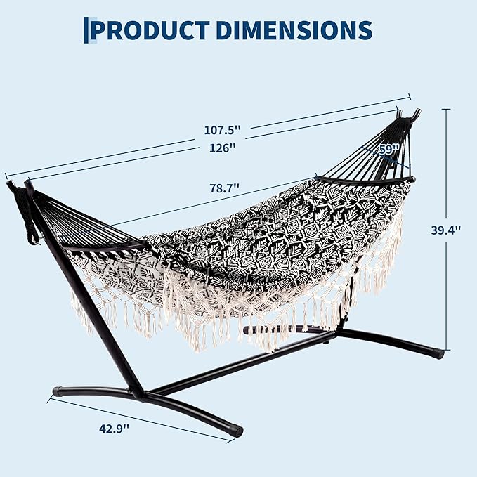 Double Hammock with Stand, 450LBS Capacity, 2 Person Large Hammock, Indoor and Outdoor Hammock, Boho Style, Perfect for Backyard Patio Beach, 9-Foot