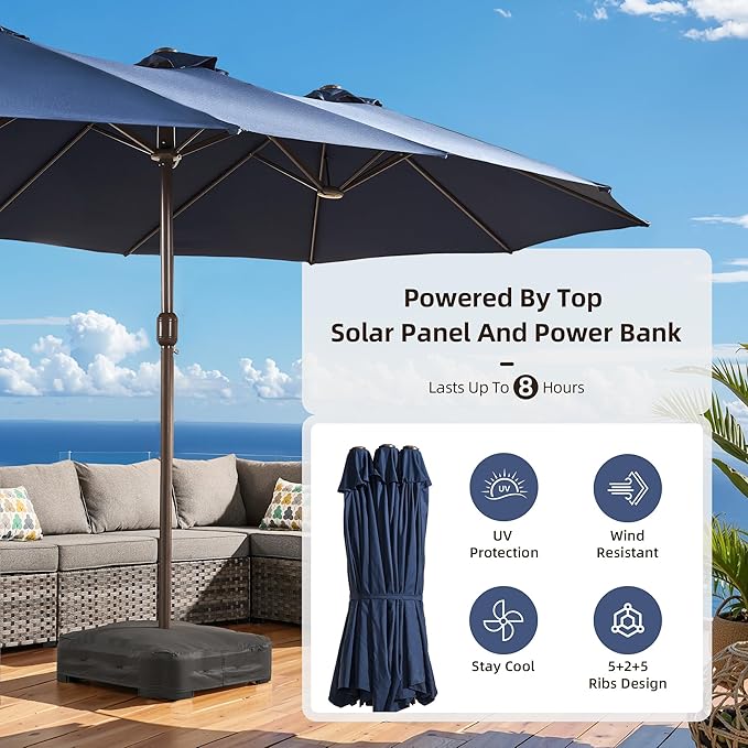 15Ft Patio Umbrella - Large Beach Umbrella W 12 Sturdy Ribs,UPF50 Outdoor Table Umbrella,Picnic Market Umbrella W Base Crank Handle for Pool,Yard,Garden