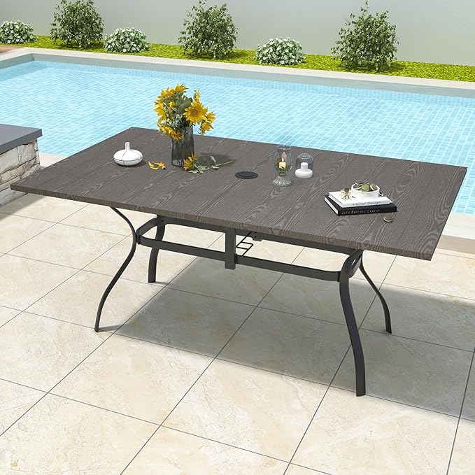 Anmutig Outdoor Rectangle Dining Table 6-Person with 1.57" Umbrella Hole Metal Steel Backyard Bistro Table for Garden, Poolside, Backyard, Brown Top