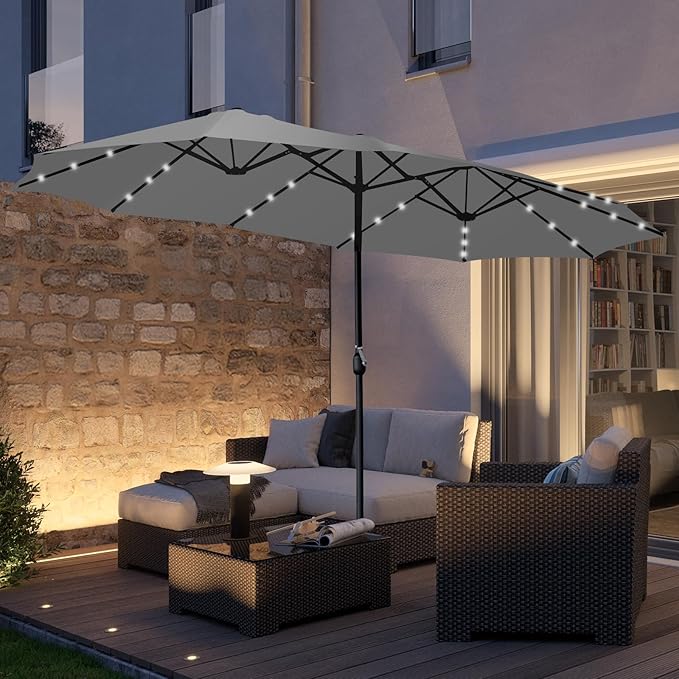 15ft Double Sided Patio Umbrella with Solar Lights, Outdoor Large Umbrellas with Crank Handle and 36 LED Lights, Rectangular Market Umbrella with Base Included for Deck Pool Shade (With Base)