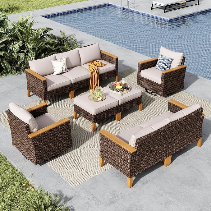 MFSTUDIO 9 Piece Wicker Patio Furniture Sets, 2 x Swivel Chair, 2 x Ottoman, Loveseat Sofa, 3-Seat Sofa, All-Weather Outdoor PE Rattan Patio Conversation Set for Garden, Backyard(Beige Cushions)