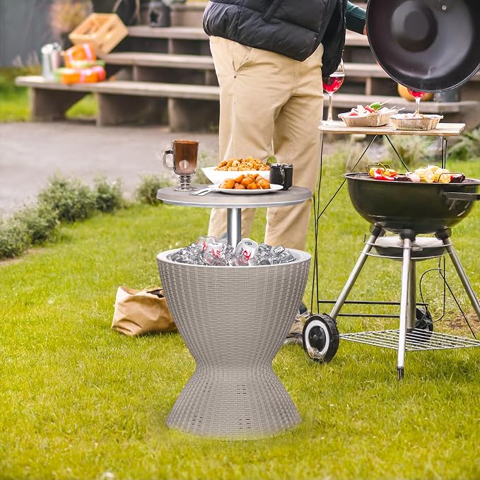 Outdoor Cooler Table – Adjustable Height with Built-in Ice Cooler Side Table, Resin Cool Bar for Patio, Party, Pool, Garden (Gray)