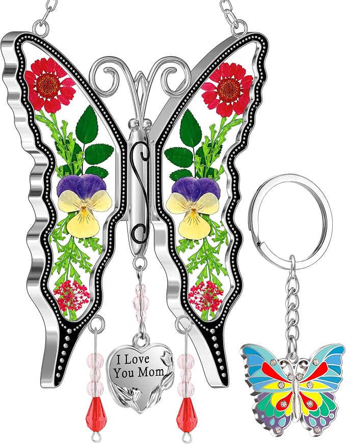 KY&BOSAM Gifts for Mom Suncatcher Butterfly Stained Glass Sun Catchers Window Hanging Wind Chime Ornament with Pressed Flowers I Love You Mom Heart Charm for Women Mother's Day Birthday Christms Decor