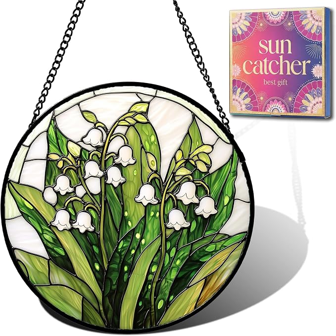 Birthday Gifts for Women - Lily of the Valley Faux Stained Glass Window Hanging Sun Catcher for Door Garden Acrylic Decor Mother's Day Christmas May for Mom Nana Grandma Sisters 9.8"