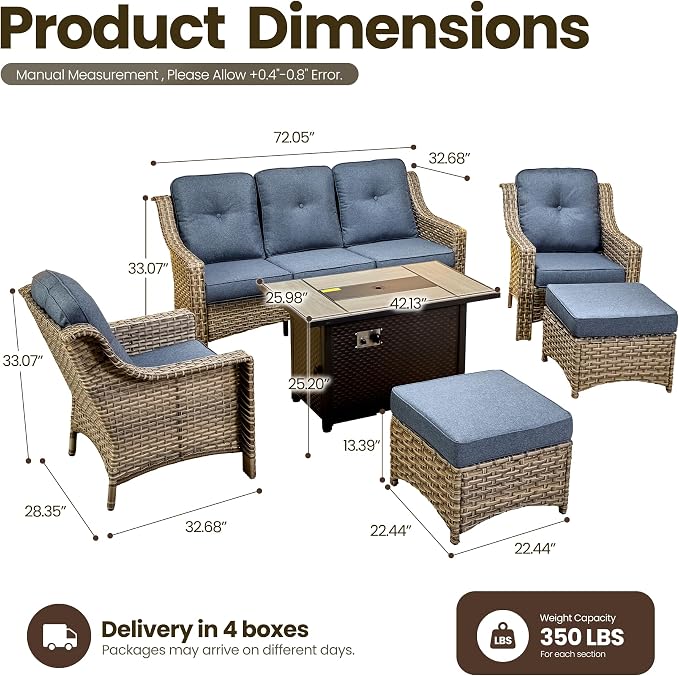 6 Piece Patio Furniture Set with Fire Pit Table, Outdoor Wicker High Back Sofa Chairs Ottoman with Comfy Cushions, Modern Conversation Sets for Backyard Deck Garden Poolside, Denim Blue