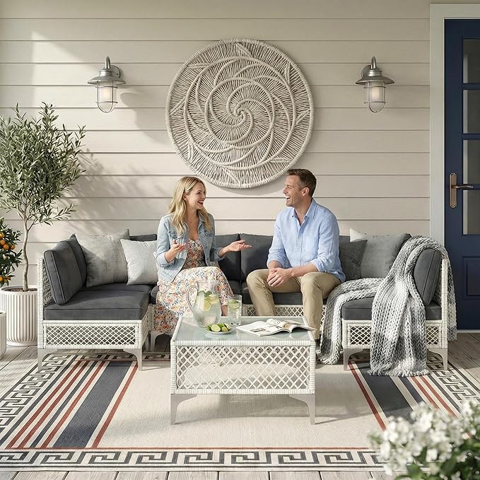 ENSTVER 7-Piece Outdoor Patio Furniture Set, Value Lightweight Boho Outdoor Sectional with Handwoven Wicker & Easy Assembly, Durable Outdoor Sofa for Small Patio, Balcony（Cushion Dark Grey）