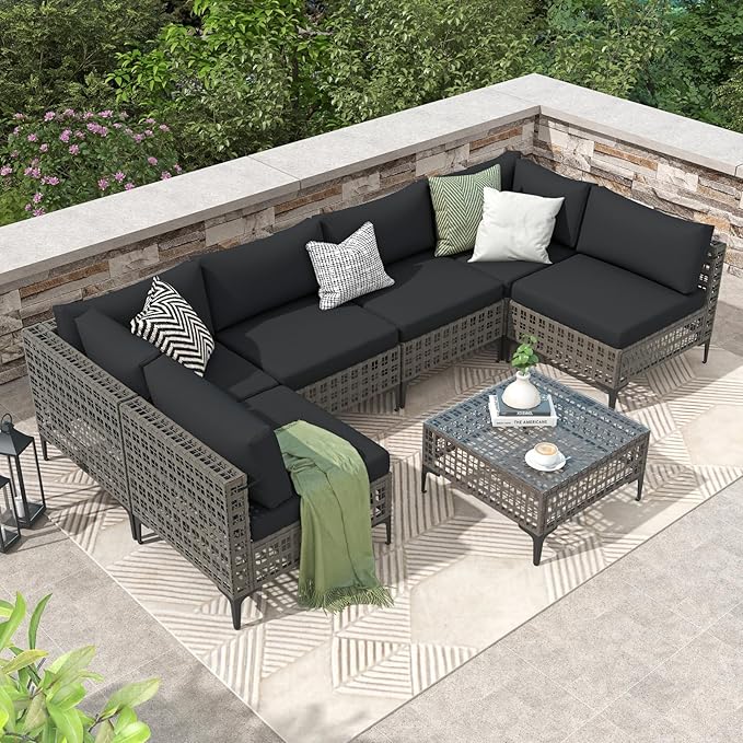 Patiorama 7 Piece Wicker Patio Furniture Set, Metal-Colored PE Rattan Outdoor Sofa Set Patio Sectional with Water Resistant Cushion and Coffee Table, Outdoor Couch, Porch, Backyard-Black