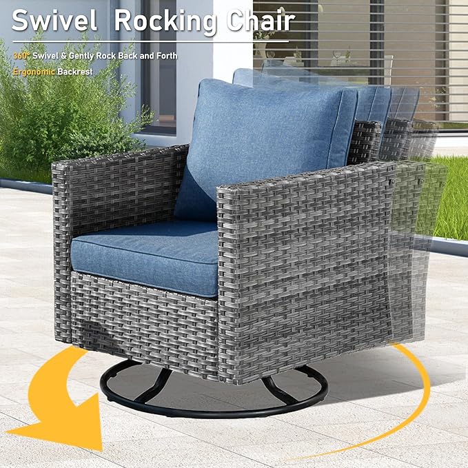 HOOOWOOO Wicker Outdoor Swivel Bistro Set for 2,3 Piece Patio Rocking Chairs and Table,All Weather Resistant Outside Out Door Rattan Rockers Furniture Set,Denim Blue