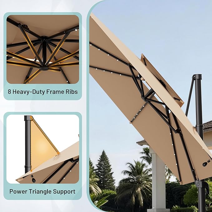 AreShark 10×10FT Solar LED Cantilever Umbrella, Double-Top Outdoor Patio Offset with 360 Degree Rotation, Square Offset Hanging Umbrella for Garden Deck Pool, Beige