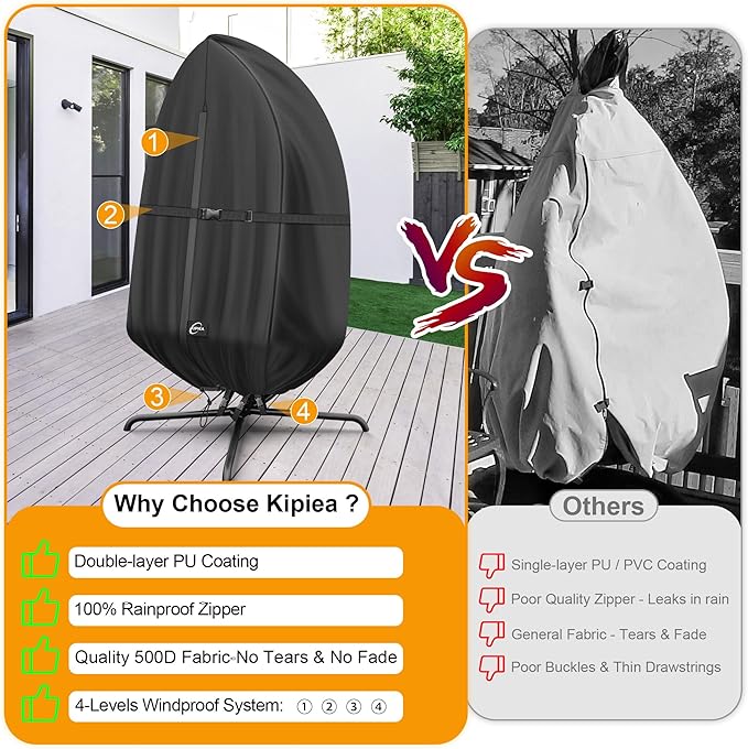Kipiea Patio Egg Chair Covers Waterproof, Upgraded 500D Outdoor Hanging Egg Chair Covers with Waterproof Zipper, Single Seat Swing Chair Cover, Windproof, Anti-UV, No Tears ( Up to 45" W x 75"H )