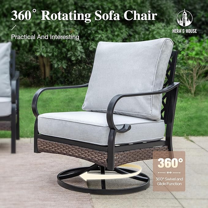 HERA'S HOUSE 5 Piece Metal Patio Furniture Set, 7 Seats All Weather Outdoor Conversation Set, 3 Seat Sofa with Loveseat, 2 Swivel Chairs, Coffee Table for Backyard, Garden, Deck, Light Grey