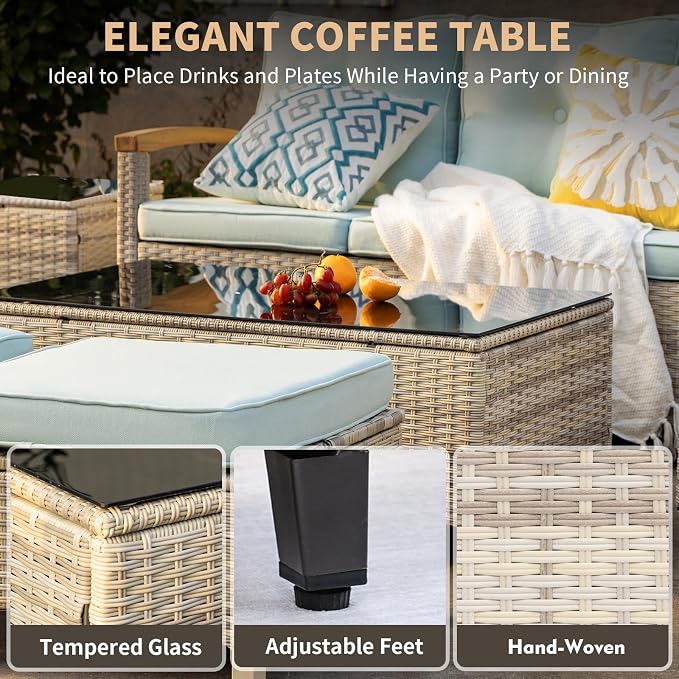 MEISSALIVVE 10 Pieces Outdoor Patio Furniture Sets, Wicker Patio Conversation Sets with 2 Wood Armrests Swivel Glide Chairs,2 Single Chairs, Outdoor Couch and Coffee Table(Blue)