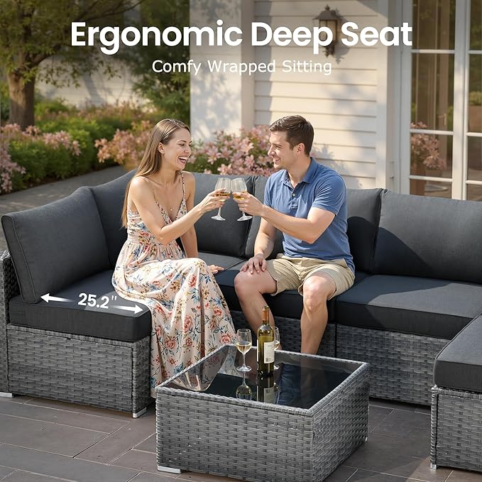 7 PCS Outdoor Patio Furniture Sets,Wicker Weather Resistant Patio Conversation Set with Comfy Cushions,Modular L Shaped Sofa with Coffee Table for Yard Backyard Porch Garden Poolside,Black