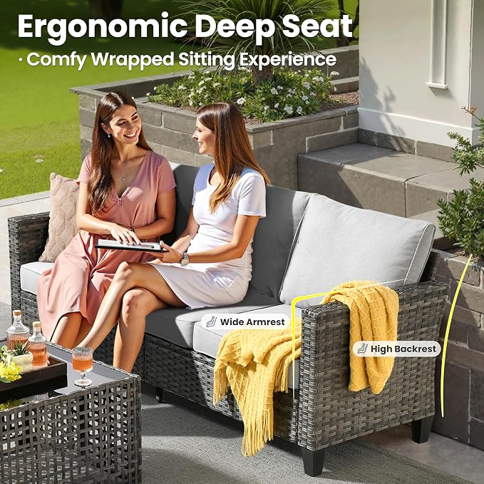 ovios 5 Pieces Patio Furniture Set, Outdoor Wicker Sofa Couch with Swivel Glider Chairs Solar Lights Table, Modern Deep Seat Rattan Conversation Sets for Deck Porch, Grey