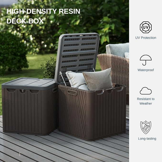 60 Gallon Outdoor Storage Box, Waterproof Patio Deck Box with Lockable Lid, Heavy-Duty HDPE Bench for Garden Tools, Cushions (Brown)