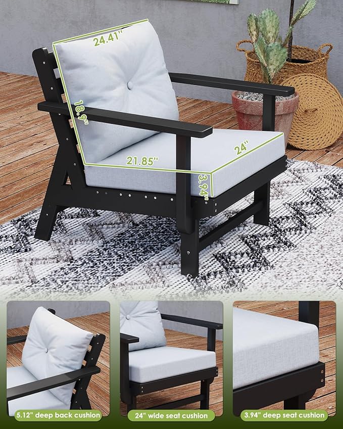 GREENVINES Outdoor-Couch | HDPE Plastic | Patio Sectional Conversation Sets | All Weather Couches | Armless Single Sofa | for Porch Deck Lawn | Black Frame Light Gray Cushion