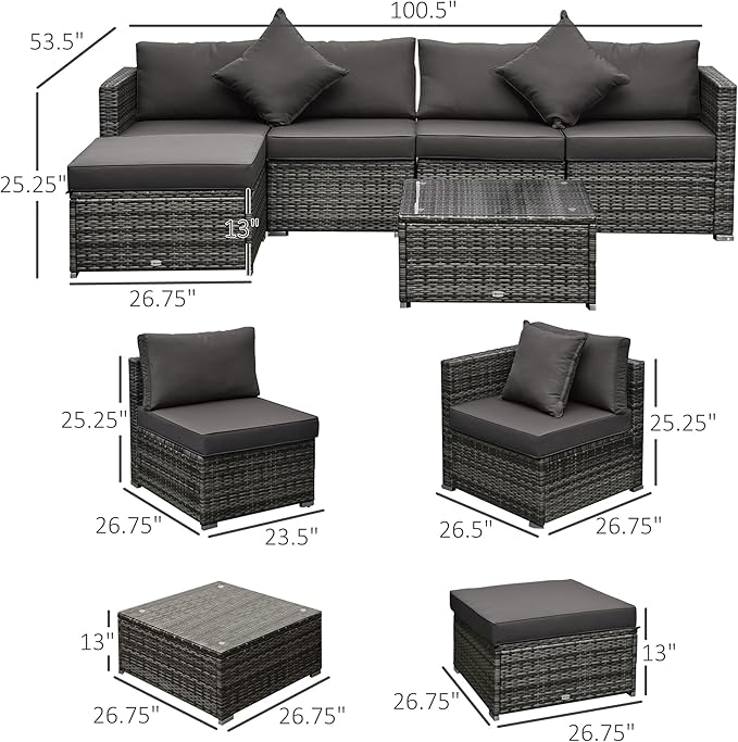 Outsunny 6 Piece Patio Furniture Set Outdoor Wicker Conversation Set All Weather PE Rattan Sectional Sofa Set with Ottoman, Cushions and Tempered Glass Table, Mixed Gray and Charcoal