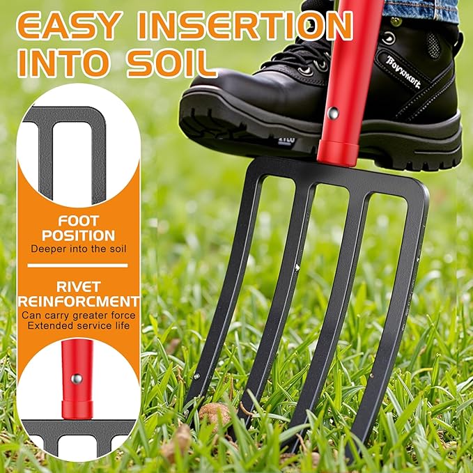 HIGHLIGHT Heavy Duty Pitchfork, 45.7" Garden Fork with 6cm Wide Tine Spacing, 4-Tine Spading & Digging Fork for Clay Soil, Composting & Mulching, Comfortable Ash-Grade Hardwood Handle, Steel D-Grip