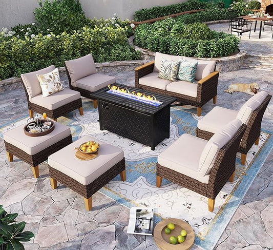 Sophia & William Large Outdoor Patio Furniture Set with Fire Pit Table High Back 9PCS Wicker Patio Sectional Sofa Conversation Set with 45" Fire Table, Ottoman & 4" Thick Cushions,Beige